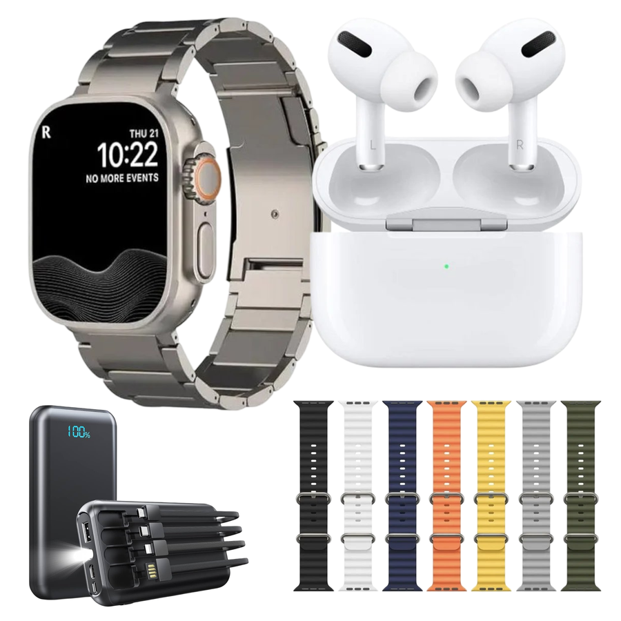 باكج ساعة ألترا تيتانيوم مع هدايا فاخرة – شاشة كبيرة وأداء ذكي